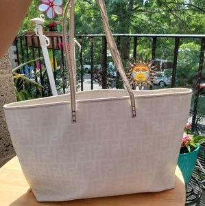 Fendi Zucca White Zip Tote with Purple Stiching
